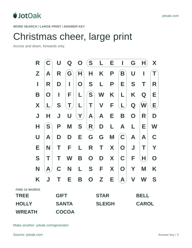 Answer key for Christmas cheer, large print, with every hidden word outlined