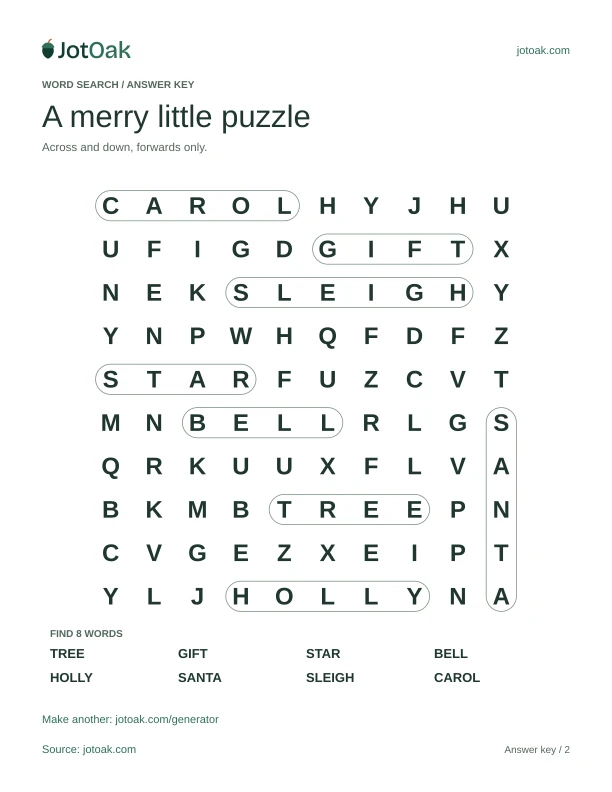 Answer key for A merry little puzzle, with every hidden word outlined