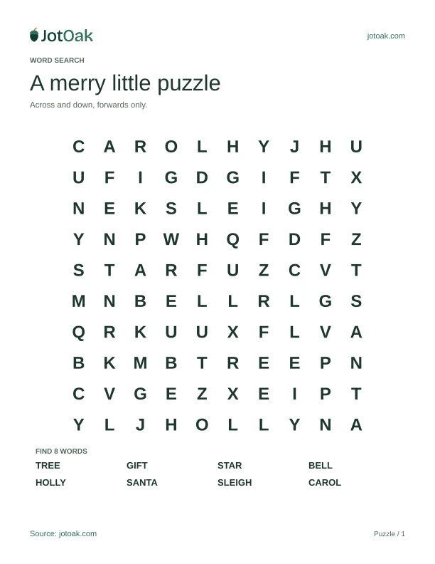 Easy Christmas word search containing tree, gift, star and eight festive words