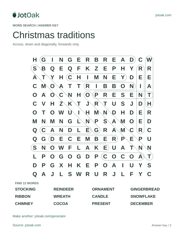 Answer key for Christmas traditions, with every hidden word outlined