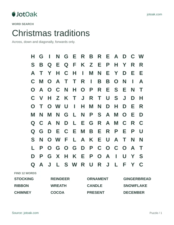 Christmas traditions word search with stocking, gingerbread and twelve words