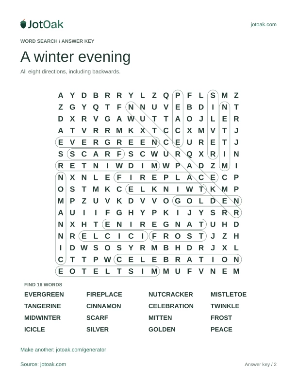 Answer key for A winter evening, with every hidden word outlined