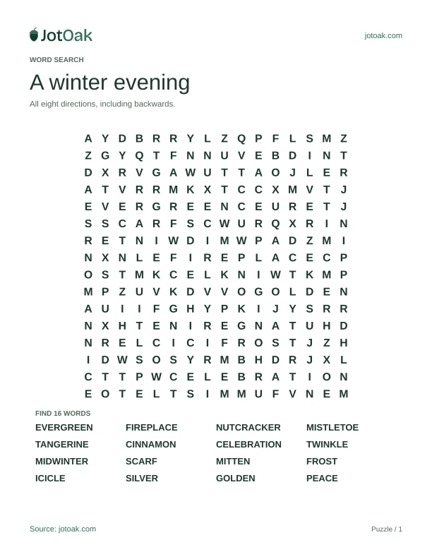 Hard winter and Christmas word search with sixteen words in all directions