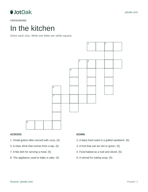 Kitchen crossword with numbered squares and clues about food and utensils