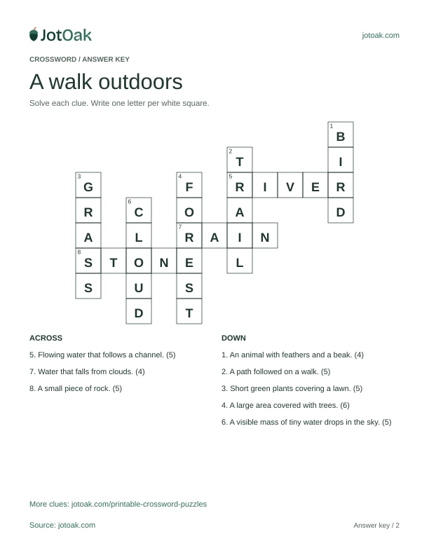 Solution for A walk outdoors, showing the completed letter grid