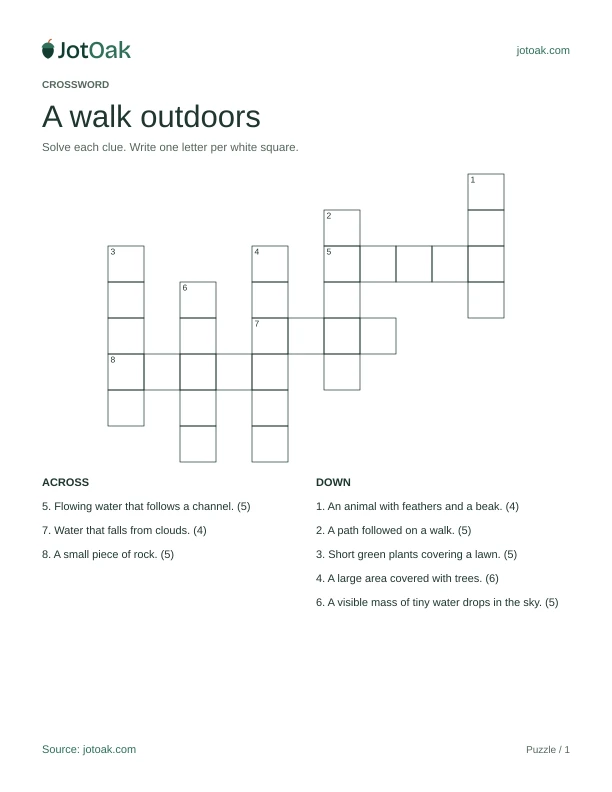 Nature crossword with eight clues and a connected numbered letter grid