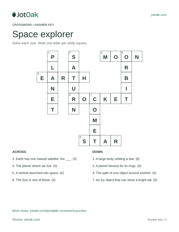 Solution for Space explorer, showing the completed letter grid