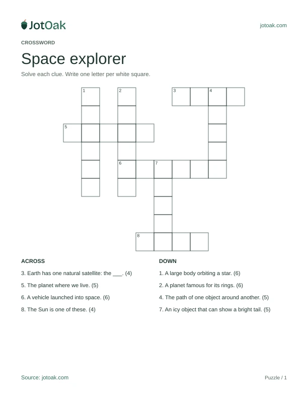 Space crossword with astronomy clues and numbered across and down starts
