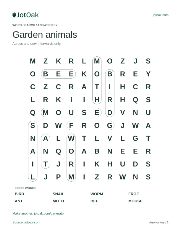 Answer key for Garden animals, with each word outlined