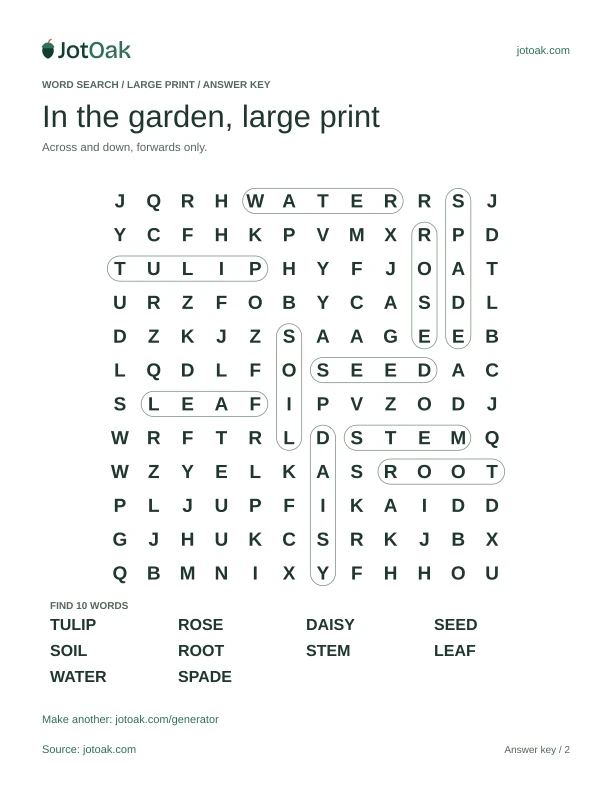 Answer key for In the garden, large print, with every hidden word outlined