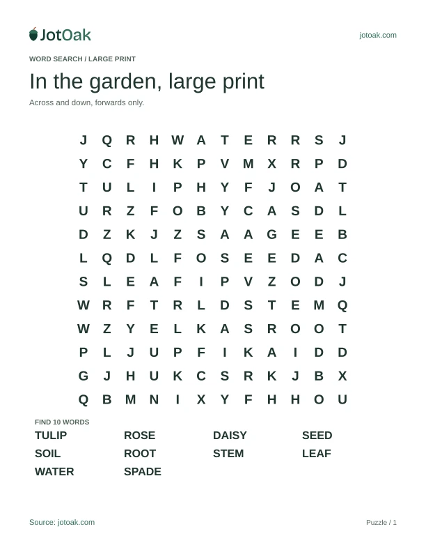 Large letter garden puzzle with tulip, daisy, soil and ten forward-only words