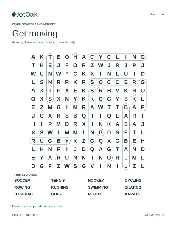 Answer key for Get moving, with every hidden word outlined