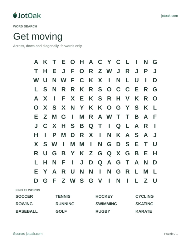 Fourteen by fourteen sports word search with soccer, cycling and swimming words