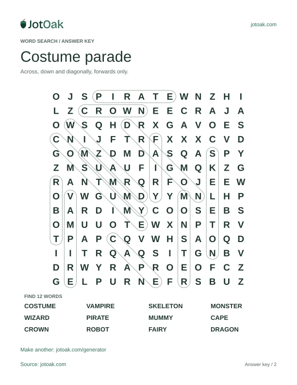 Answer key for Costume parade, with every hidden word outlined