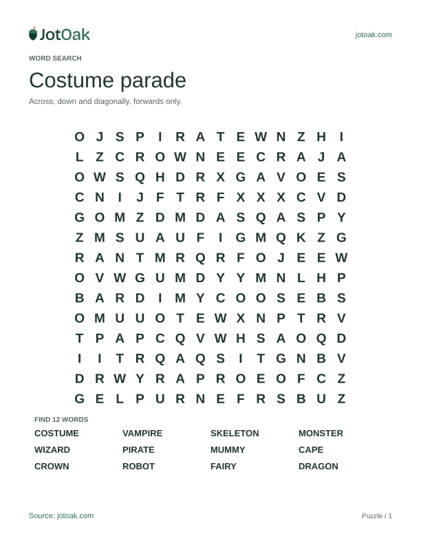 Halloween costume word search with vampire, skeleton, wizard and twelve costume words