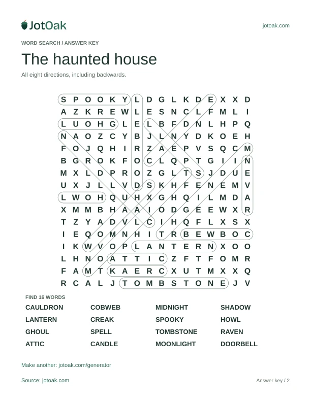 Answer key for The haunted house, with every hidden word outlined