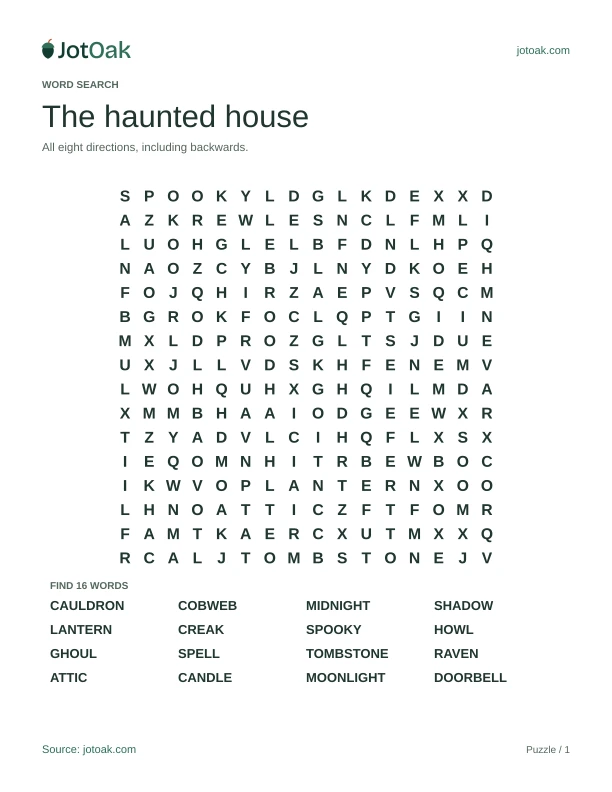 Hard haunted house letter grid with cauldron, cobweb, midnight and sixteen hidden words