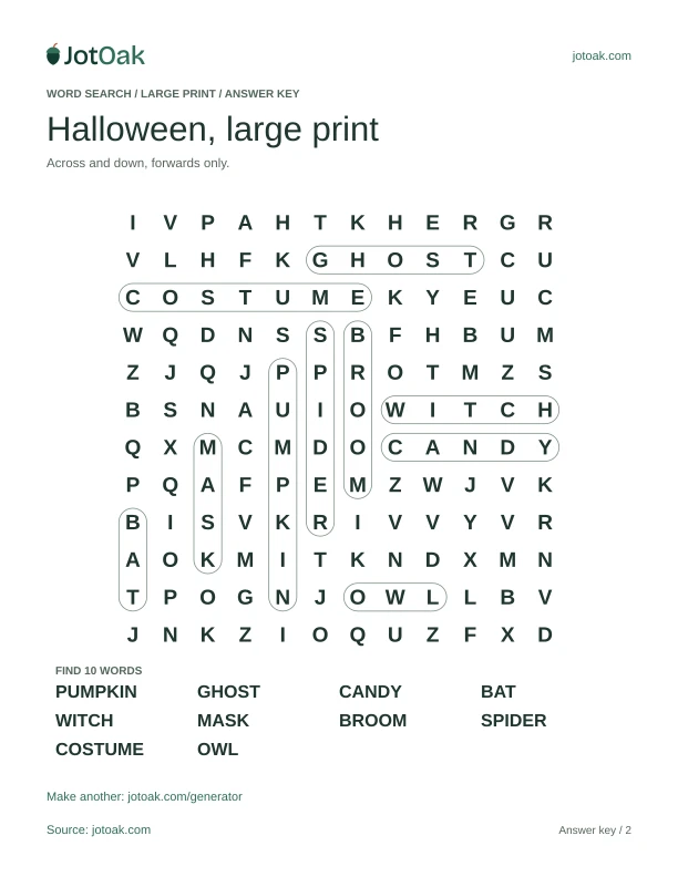 Answer key for Halloween, large print, with every hidden word outlined