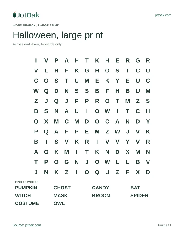 Large print Halloween puzzle with ten words including pumpkin, owl and costume
