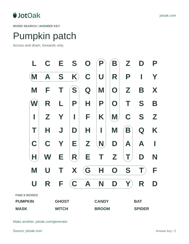 Answer key for Pumpkin patch, with every hidden word outlined