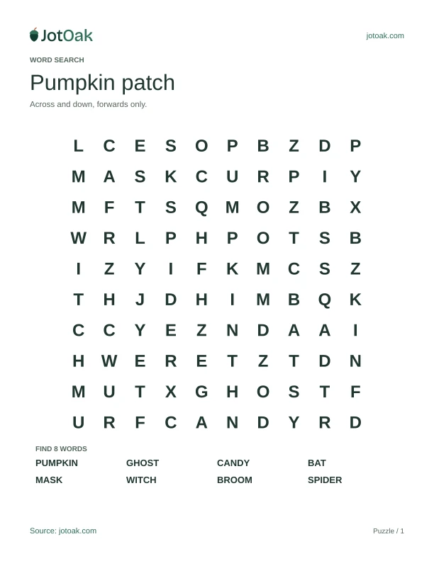 Easy Halloween grid with pumpkin, ghost, candy and eight words hidden across or down