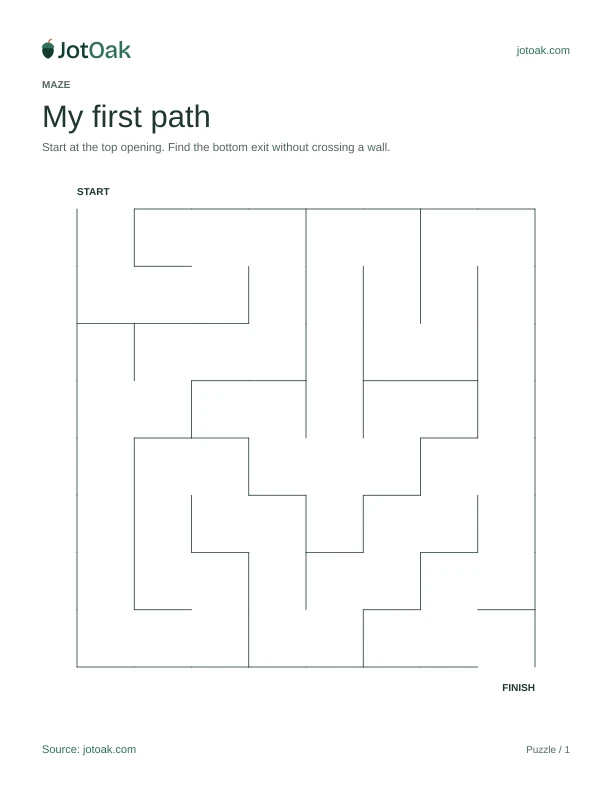 Eight by eight printable maze with a start at the top and exit at the bottom