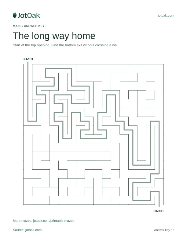 Solution for The long way home, showing the path from start to finish