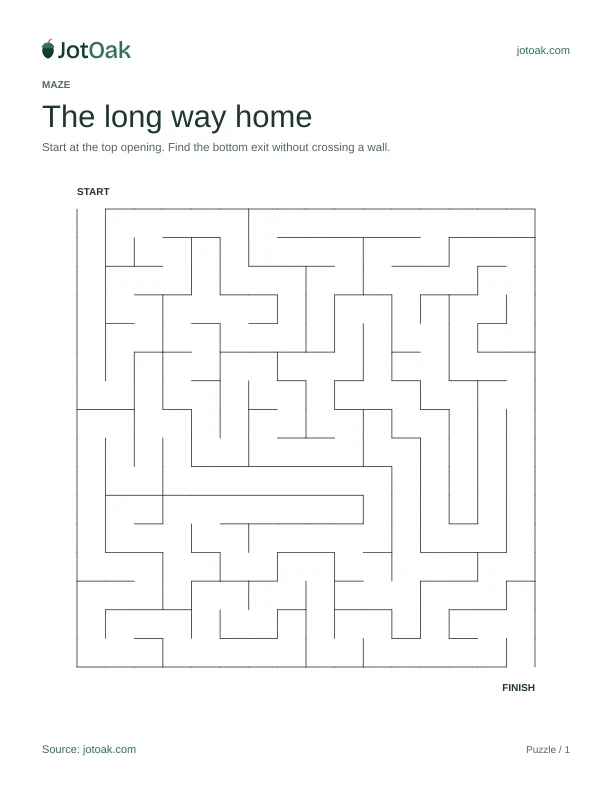 Sixteen by sixteen printable maze with narrow branching paths