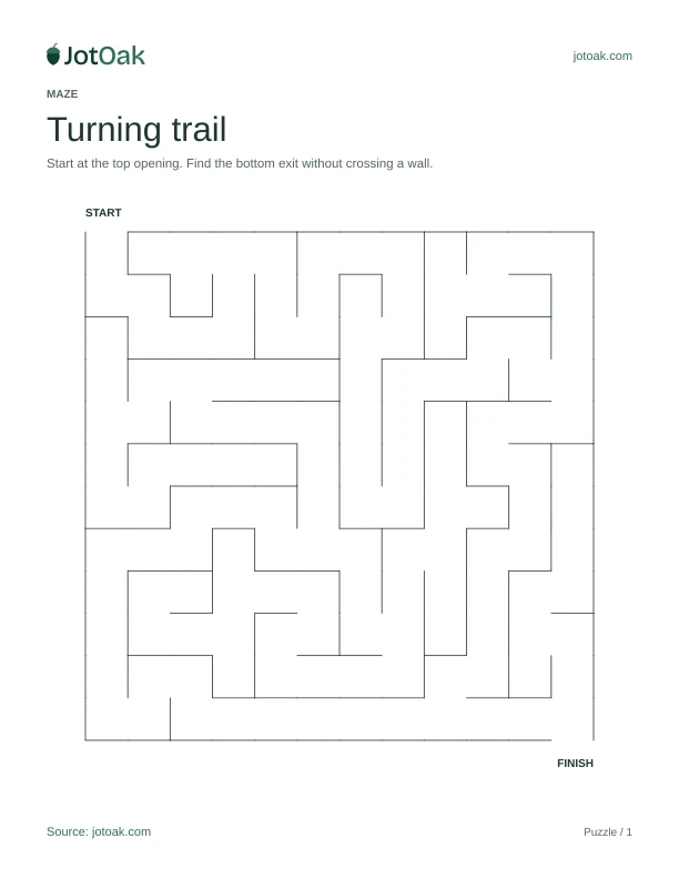 Twelve by twelve maze with winding paths and a separate solution