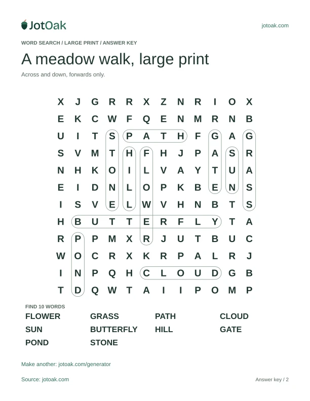 Answer key for A meadow walk, large print, with every hidden word outlined