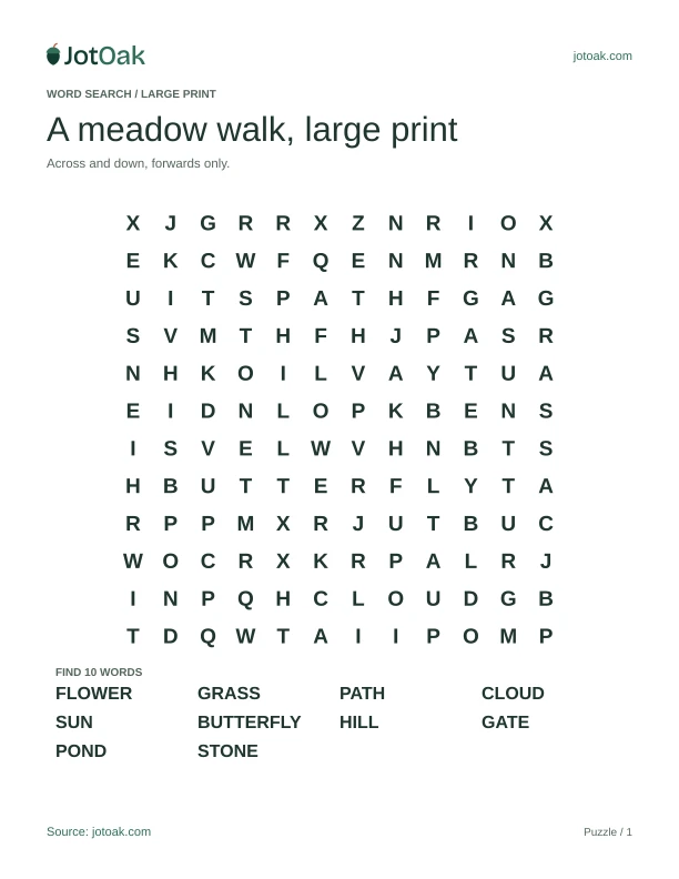 Large print meadow word search with ten words including butterfly, cloud and pond