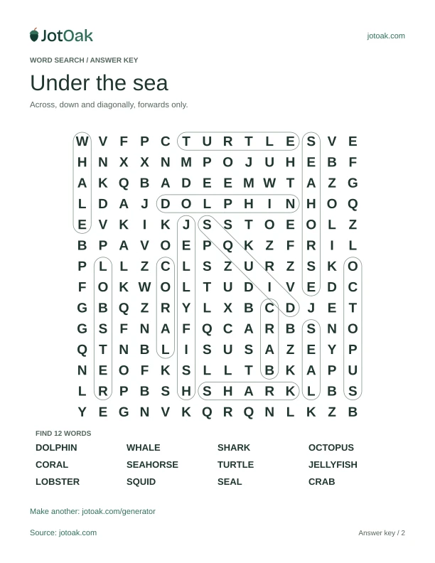 Answer key for Under the sea, with every hidden word outlined