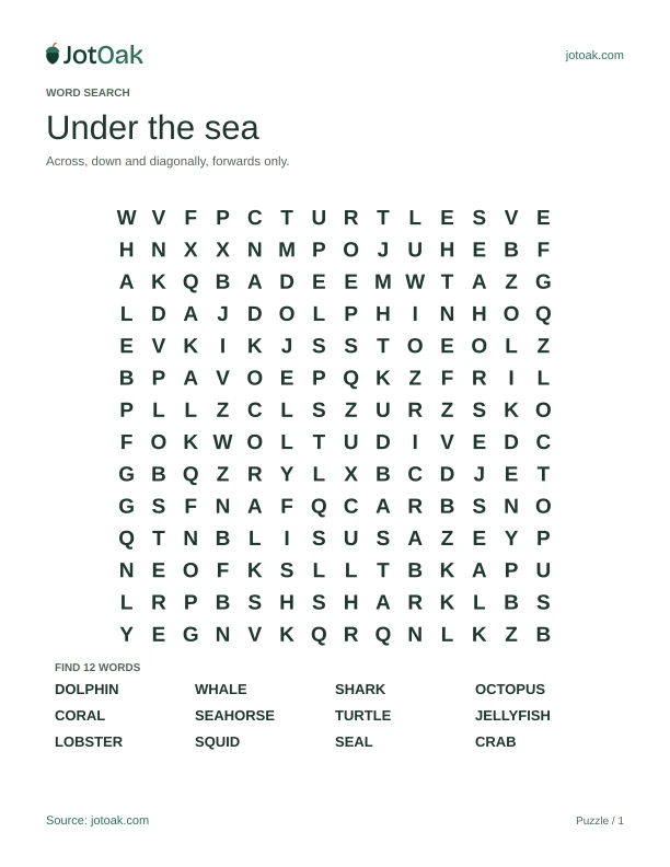 Ocean word search with dolphin, seahorse, jellyfish and other sea life names
