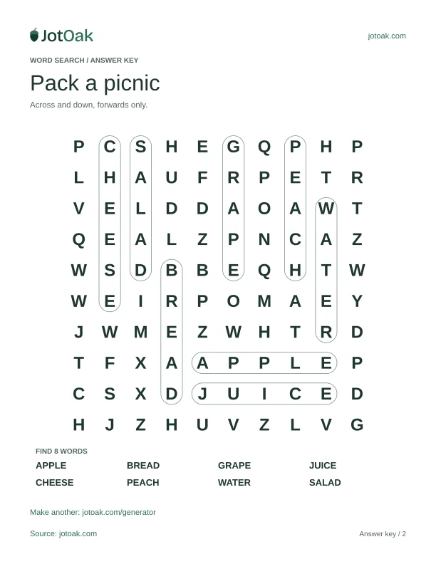Answer key for Pack a picnic, with each word outlined