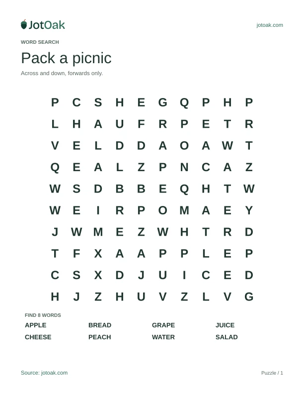 Easy picnic word search with apple, bread, cheese and water in a ten by ten grid