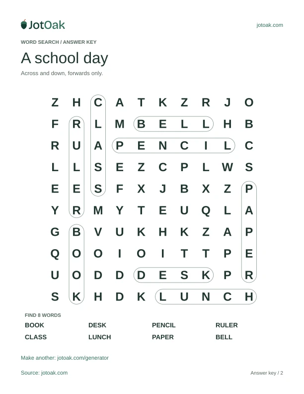 Answer key for A school day, with each word outlined