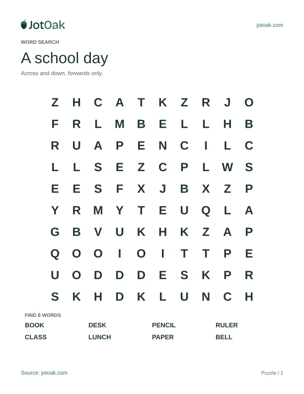 School word search containing book, pencil, ruler and lunch, with eight forward words