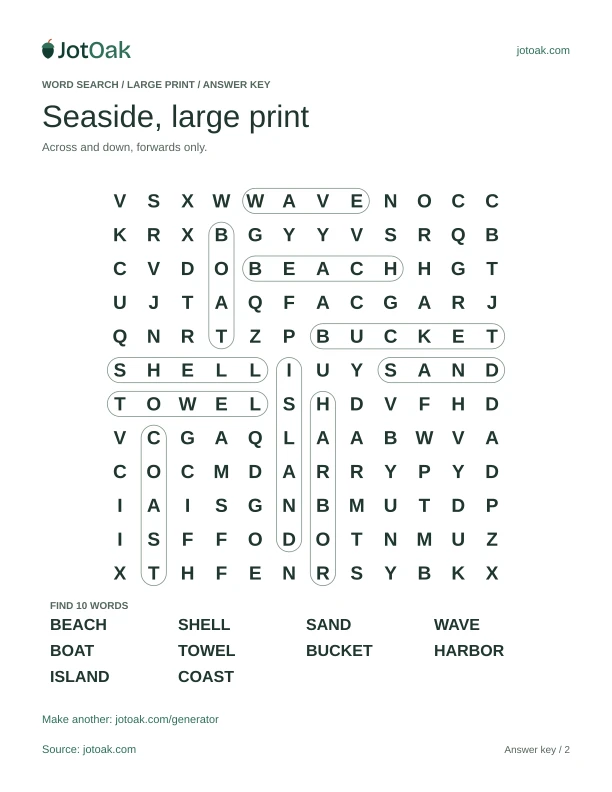 Answer key for Seaside, large print, with every hidden word outlined