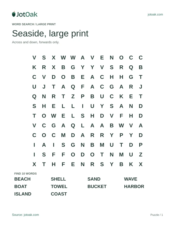 Large letter seaside word search with beach, shell, harbor and ten words