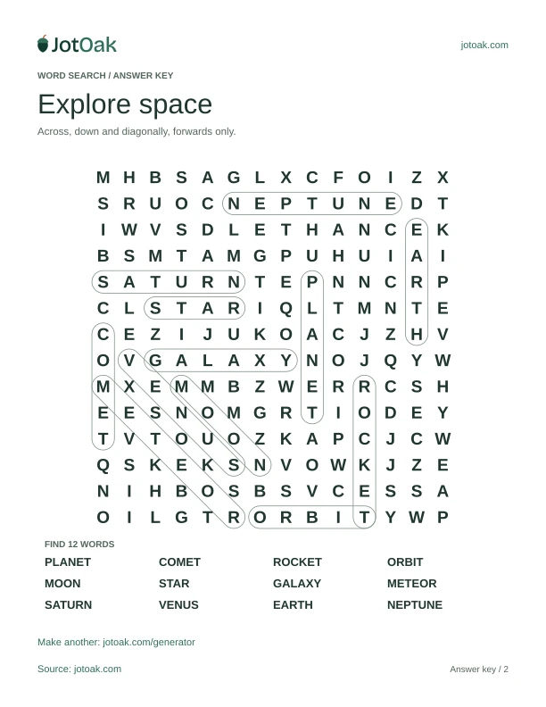 Answer key for Explore space, with every hidden word outlined