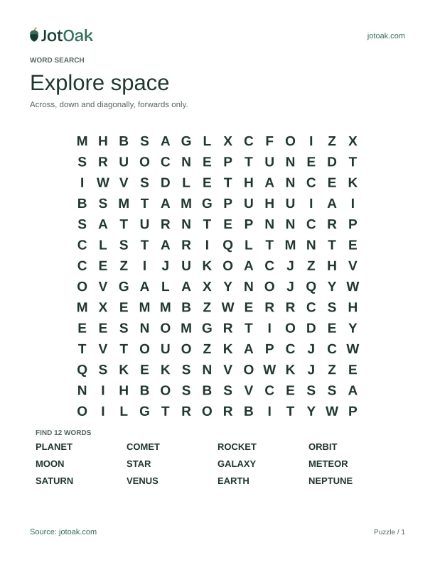 Space vocabulary letter grid with planet, rocket, galaxy and twelve hidden words