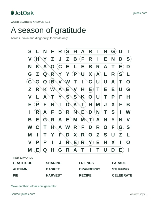 Answer key for A season of gratitude, with every hidden word outlined