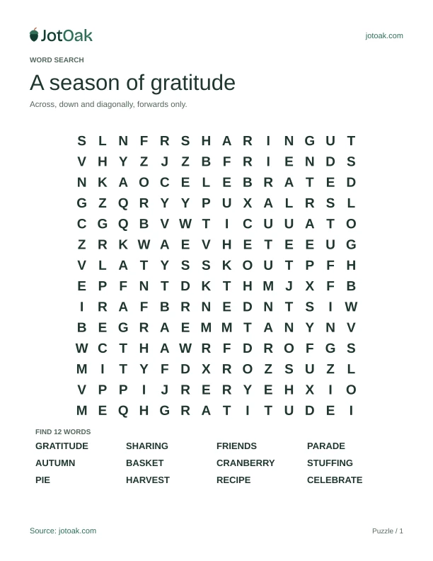 Thanksgiving letter grid with gratitude, sharing and twelve seasonal words