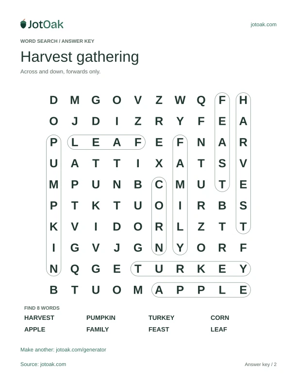 Answer key for Harvest gathering, with every hidden word outlined