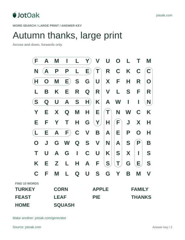 Answer key for Autumn thanks, large print, with every hidden word outlined