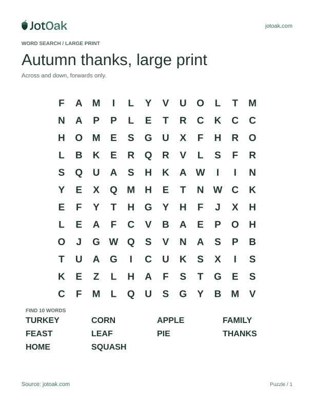 Large print Thanksgiving grid with ten familiar autumn and gathering words