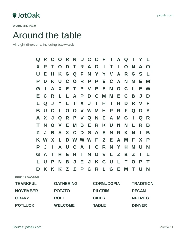 Hard Thanksgiving word search with sixteen words including cornucopia, gathering and tradition