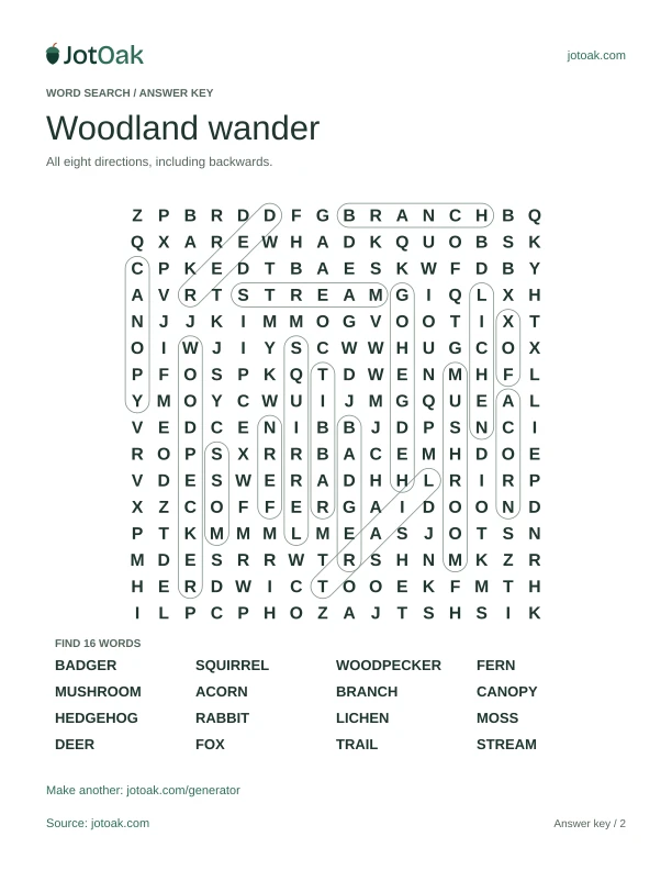 Answer key for Woodland wander, with every hidden word outlined