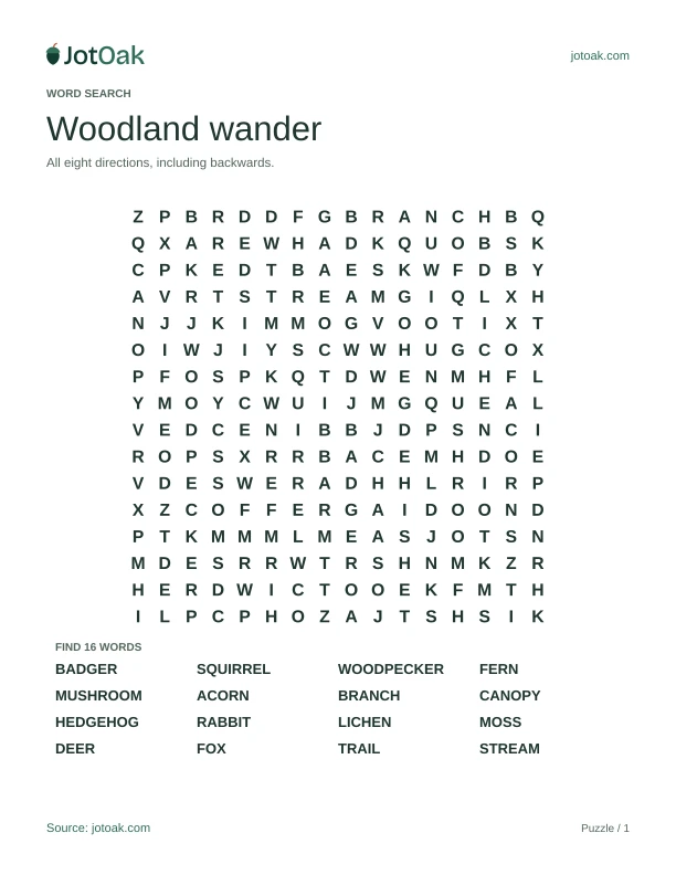 Challenging sixteen by sixteen woodland puzzle with squirrel, woodpecker and mushroom words