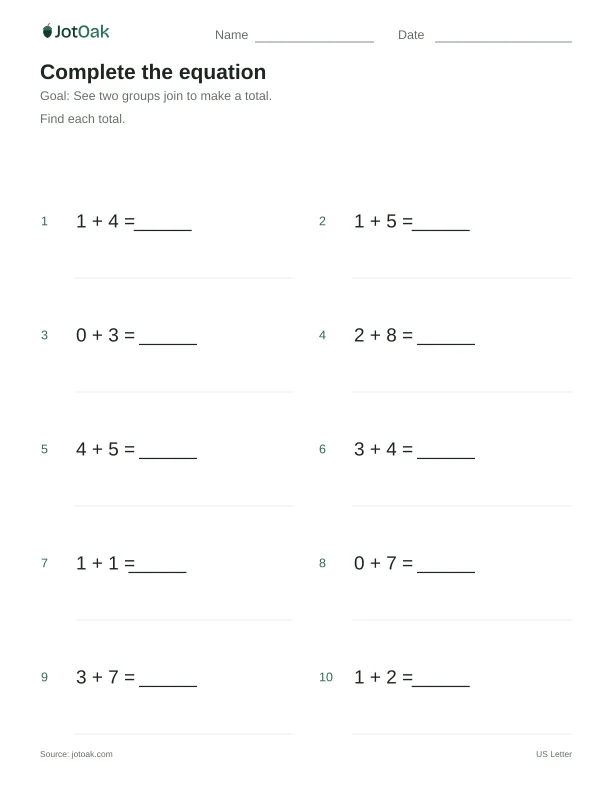 Printable Kindergarten complete the equation worksheet with addition within 10